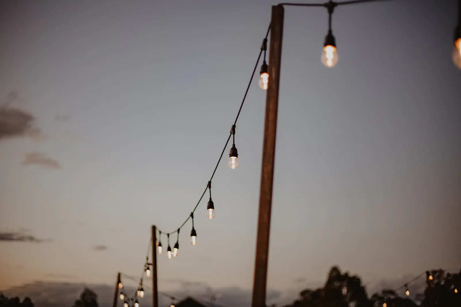 String lights strung across an outdoor venue at dusk